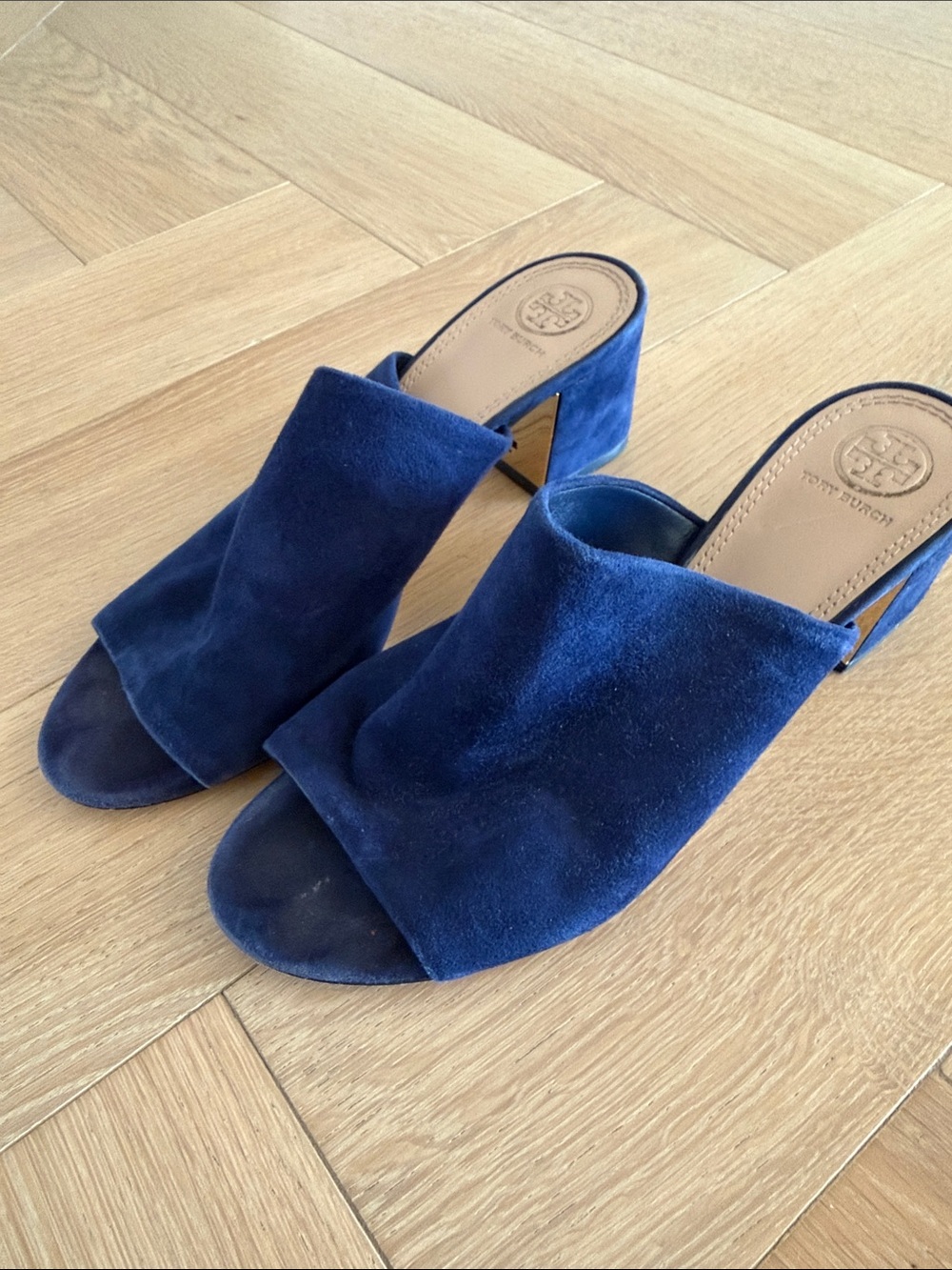 Tory Burch Cobalt Blue Suede Open-Toe Block Heel Mules - Picture 2 of 5